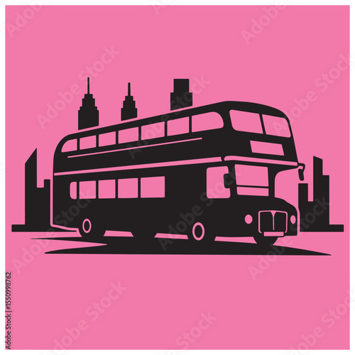 Silhouetted london double decker bus with city skyline against a pink background