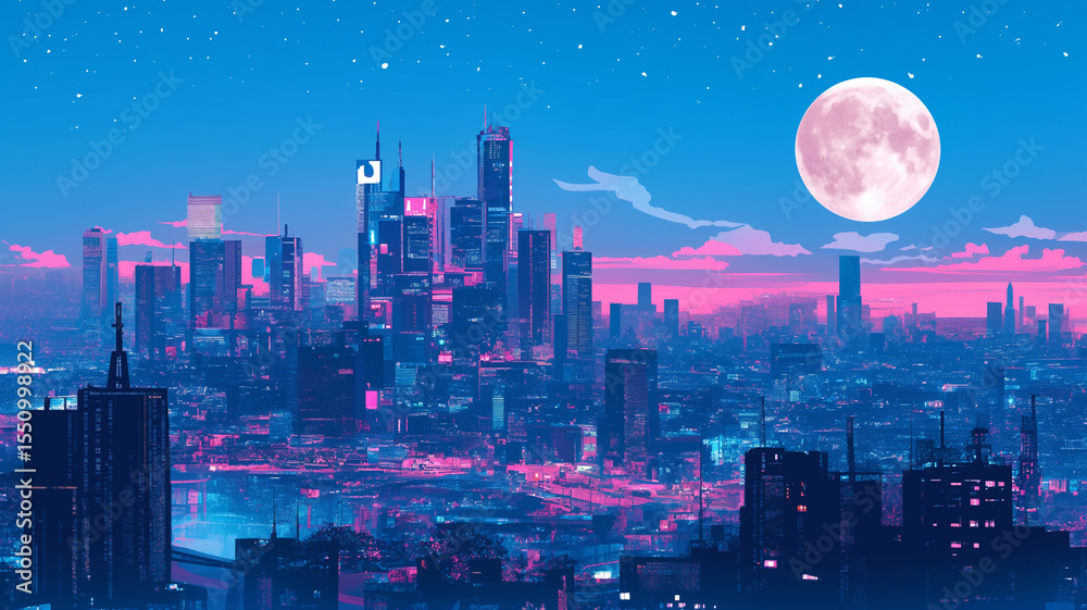 Obraz premium 月が輝く都市の夜景の風景イラスト。ネオンきらめく都会の光が幻想的に広がる静かな夜のひととき