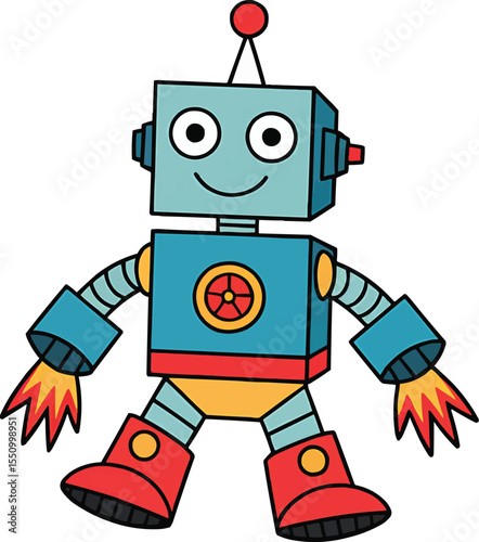Smiling Cartoon Robot with Rocket Boots and Antenna vector illustration,Generative Ai