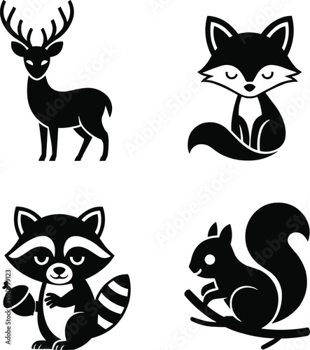 Silhouette Vector of Forest Animals Deer Fox Raccoon Squirrel,Generative Ai