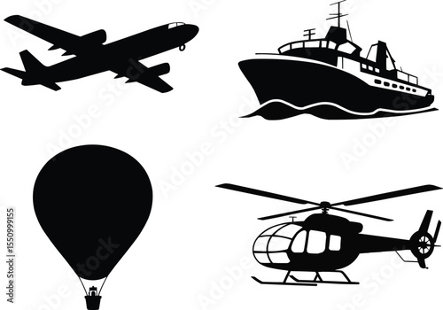 Airplane Ship Helicopter and Hot Air Balloon Silhouettes Vector,Generative Ai