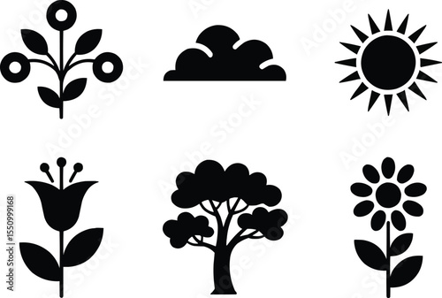 Nature Icons Set with Tree Flower and Sun Elements Vector,Generative Ai