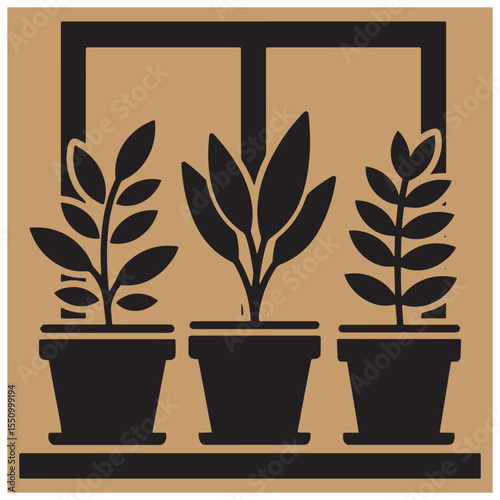 Three potted houseplants in black and white silhouettes against a beige background