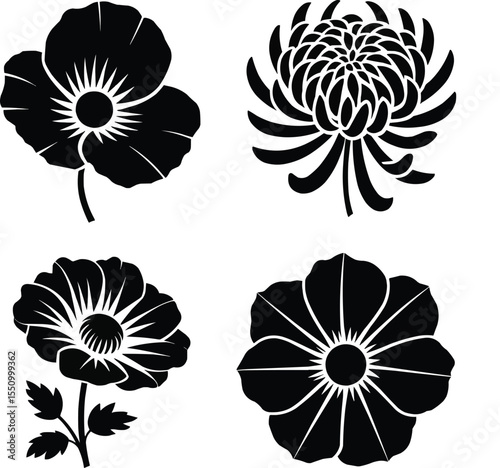 Silhouette Black Flower Head Icons Vector Illustration, Generative Ai