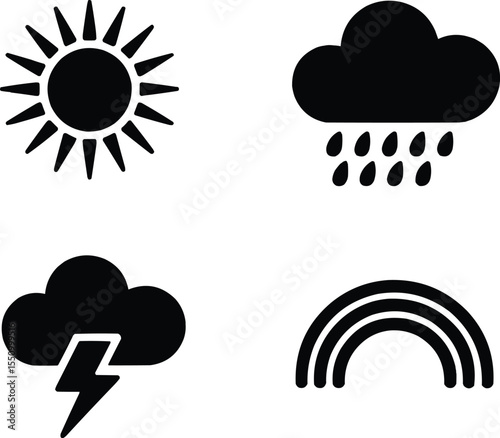 Weather Forecast Icons, Weather Symbol Set with Sun, Cloud, Lightning, and Rainbow Vector,Generative Ai
