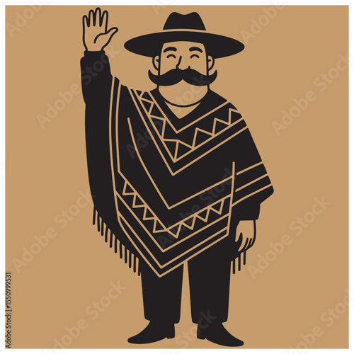 Vector illustration of a mexican man in poncho and sombrero waving hello smiling