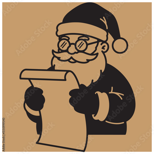 Vector illustration of santa claus in silhouette form checking his naughty or nice list.