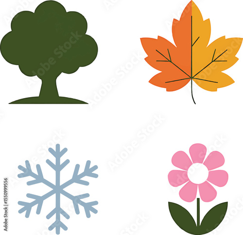 Seasonal Nature Elements Tree, Leaf, Snowflake, and Flower Icon Set Vector,Generative Ai