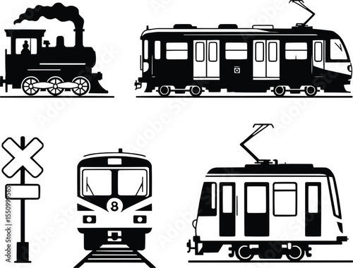 Black silhouette collection of trains and railway signs Vector,Generative Ai