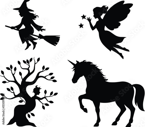Vector silhouettes of fairy, unicorn, witch, and tree spirit ,Generative Ai