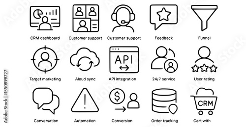 CRM & Customer Service Line Icons - Sales & Marketing Management Set