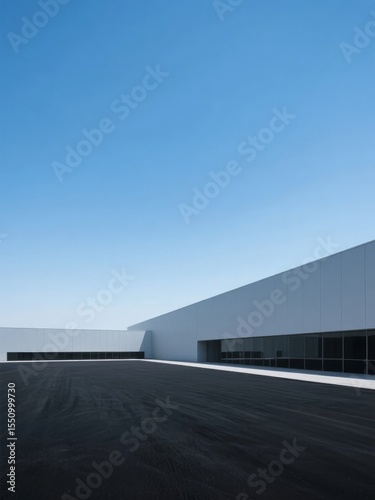 Modern minimalist building with a flat roof and large windows under a clear blue sky.