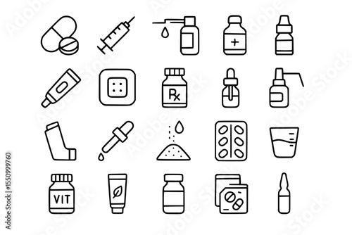 Medication & Pharmacy Line Icons - Drug and Treatment Symbols Set