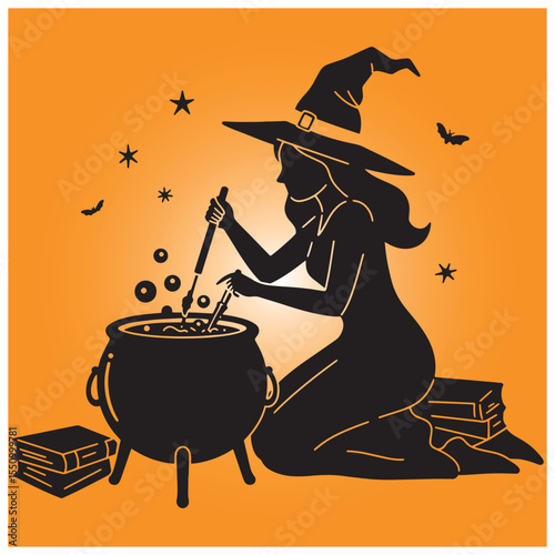 Witch brewing a potion in a cauldron silhouette halloween illustration with stars and bats