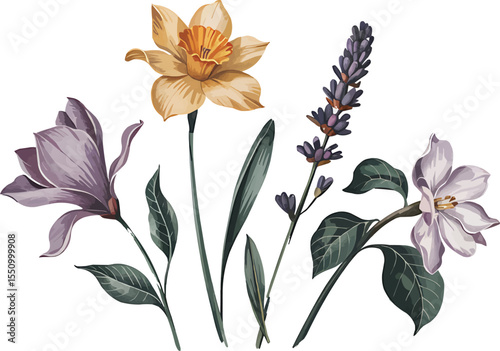 Botanical illustration of assorted wildflowers on white background Vector,Generative Ai