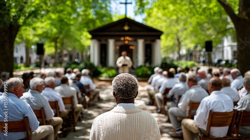 Gathering of community members at an outdoor church service in a serene park on a sunny day