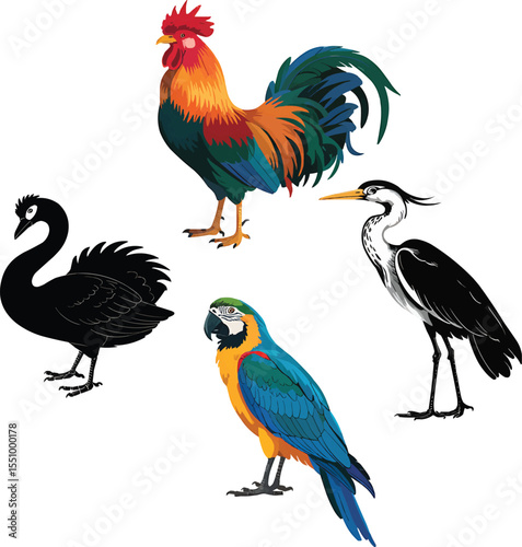Collection of vibrant and black birds in various styles vector,Generative Ai