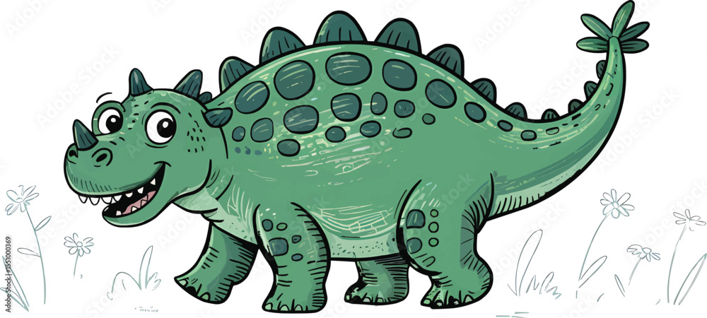 Obraz premium Adorable green cartoon dinosaur with smiling face Vector illustration,Generative Ai