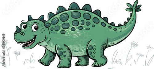 Adorable green cartoon dinosaur with smiling face Vector illustration,Generative Ai