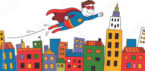 Brave superhero flying above colorful cityscape Vector illustration,Generative Ai