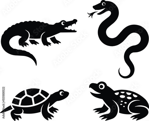Reptile and amphibian vector animals in black silhouette Vector,Generative Ai
