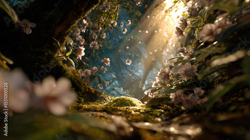 A magical forest scene with a canopy of beautiful flowers and radiant sunlight streaming through