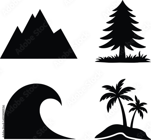Nature landscape vector elements with mountain, tree, wave, and island  silhouette Vector,Generative Ai