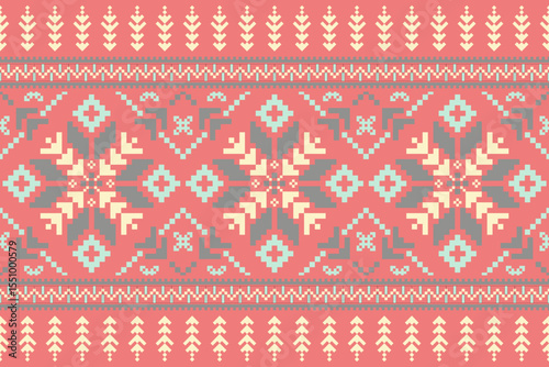 Cross stitch pattern concept showcasing traditional ethnic geometric pattern, Design for textile, background,carpet,wallpaper,clothing,wrapping,Batik,fabric,Vector illustration	
