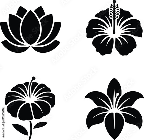 Set Of Minimalist silhouette of lotus and hibiscus flowers Vector,Generative Ai