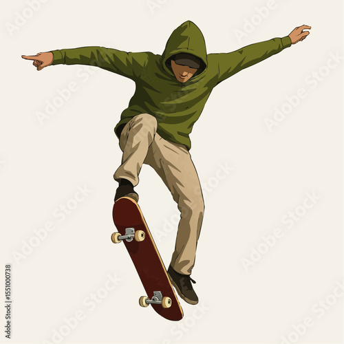 Skateboarder doing a jumping trick, vector illustration