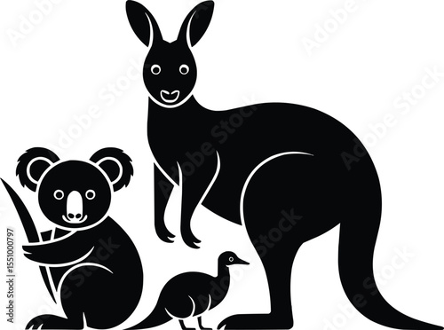 Australian Wildlife Kangaroo and Koala in Silhouette Vector,Generative Ai