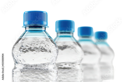 Row of clear plastic water bottles with blue caps