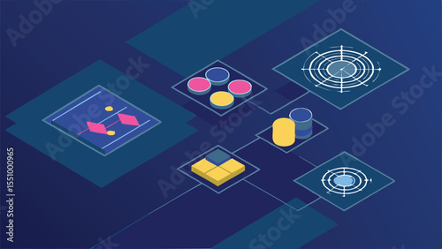 Blockchain Asset Viewer with Glowing Coin Stack and Isometric UI
