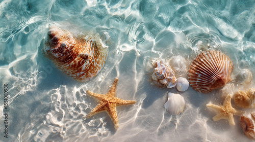 sunlit seashells, including a starfish, scattered along the edge of a clear, shallow, turquoise water on the beach