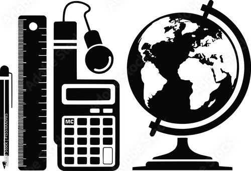 Education tools silhouette pack with globe, calculator, and ruler Vector,Generative Ai