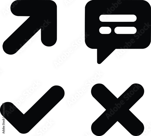 Basic black UI icons with arrow, chat, check, and cross symbols Vector,Generative Ai