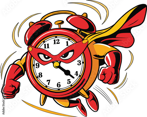 Superhero alarm clock flying with speed vector illustration,Generative Ai