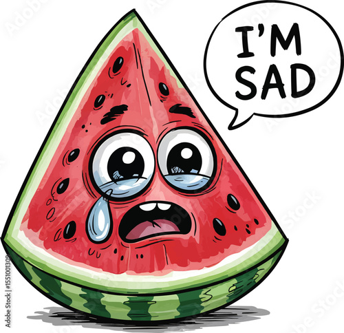 Crying watermelon with sad face vector illustration,Generative Ai