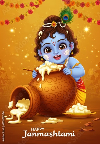Adorable Cartoon Krishna with Flute and Butter Mataki Pot | Janmashtami Festival Illustration

