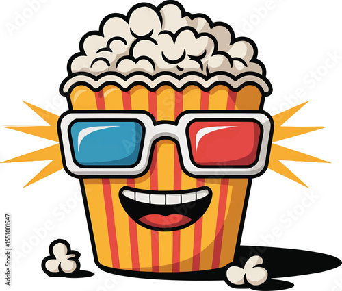 Happy popcorn with 3D glasses watching movie vector illustration,Generative Ai