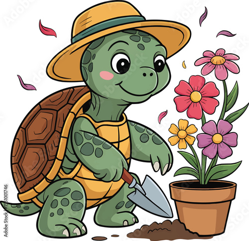 Happy turtle planting flowers in pot vector illustration,Generative Ai