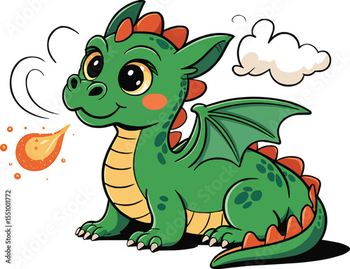Cute baby dragon breathing fire vector illustration,Generative Ai