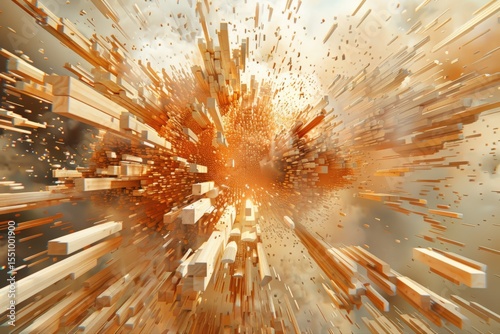 Abstract Burst of Wooden Blocks Surging Forward in Explosive Motion with Vibrant Orange Hues and Dynamic Energy Creating a Sense of Movement and Depth