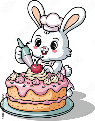 Adorable bunny chef decorating pink cake vector illustration,Generative Ai