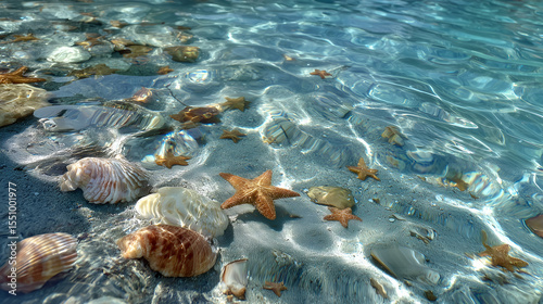 The vibrant underwater world with seashells and starfish glistening in clear water. Sun rays create beautiful patterns on the sea floor