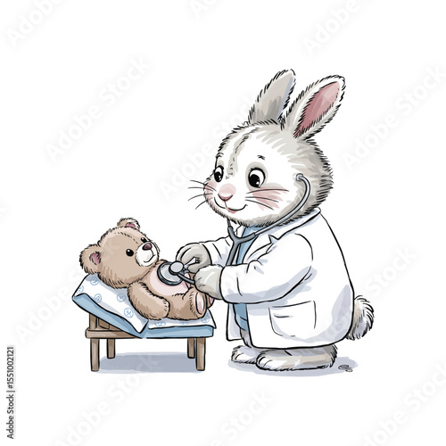 Cute bunny doctor treating teddy bear patient vector illustration,Generative Ai