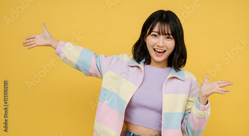 Smiling woman with open arms in pastel outfit against a vibrant yellow backdrop welcoming and cheerful gesture.