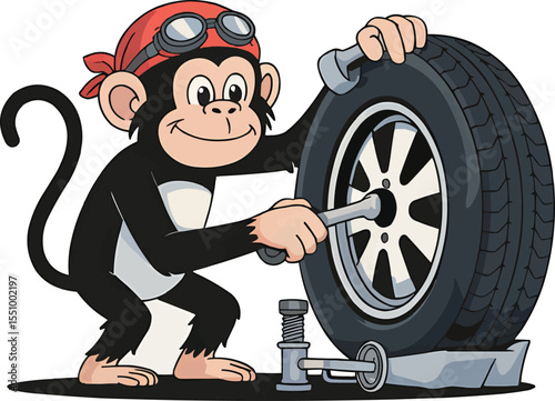 Funny monkey repairing wheel with wrench vector illustration,Generative Ai
