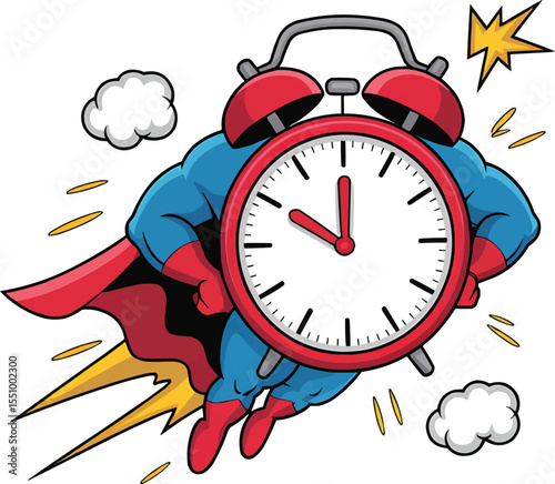 Flying Superhero Clock Cartoon Vector Illustration,Generative Ai