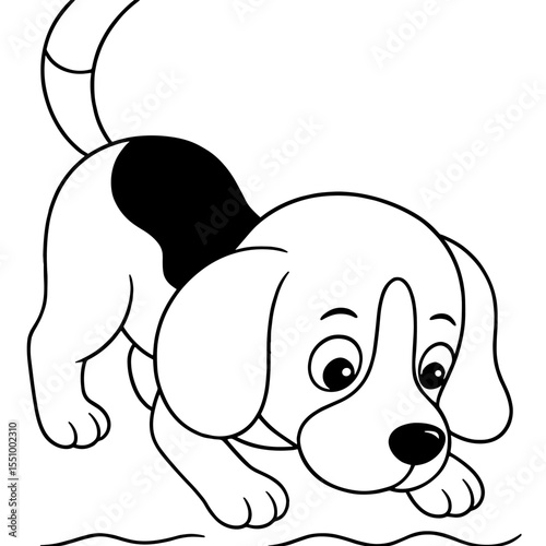 A cute beagle sniffs the ground with curiosity in this simple black and white cartoon drawing, perfect for kids to color.